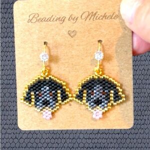 Handwoven Beaded Black Labrador Retriever Earrings Portrait Cute Dog Jewelry